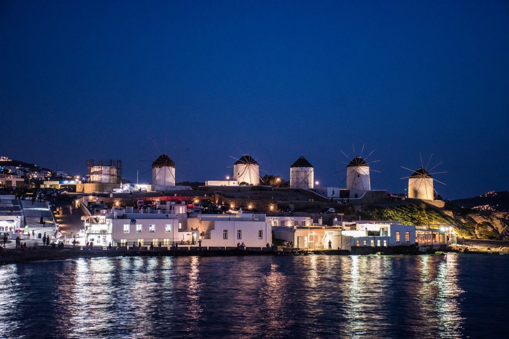 Mykonos Windmills at night